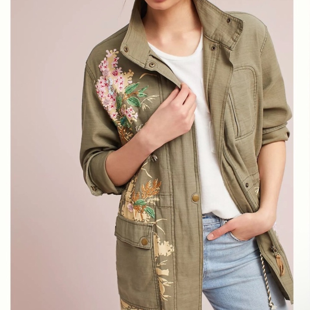 Anthropologie Women Jacket S Olive Floral Embroidered Utility Field Safari